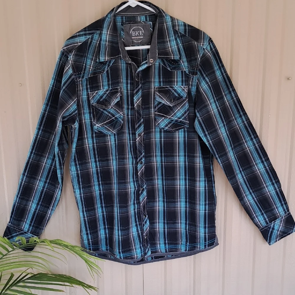 BKE Men's Teal and Black Plaid Button Down Shirt.  Size Large. - Picture 4 of 13